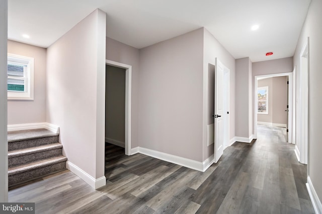 corridor with dark wood finished floors, plenty of natural light, and baseboards