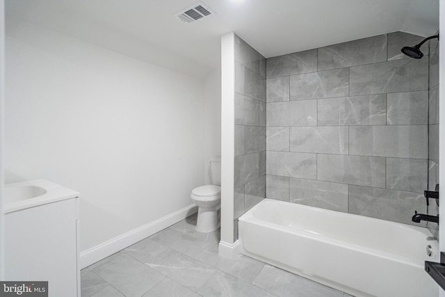 full bath with visible vents, baseboards, toilet, shower / tub combination, and vanity