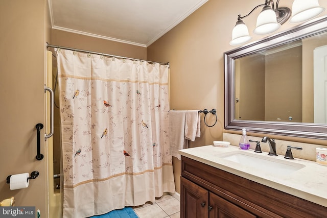 bathroom with vanity, tile patterned flooring, and ornamental molding