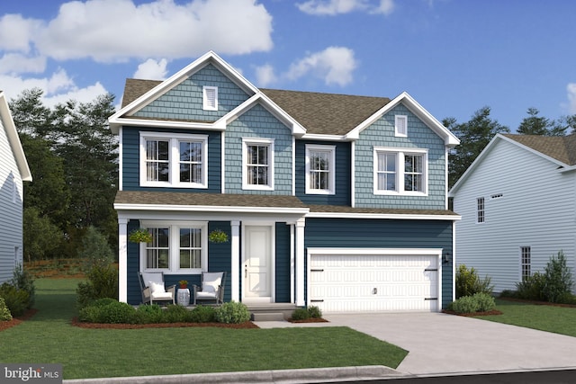 craftsman inspired home featuring a garage and a front lawn