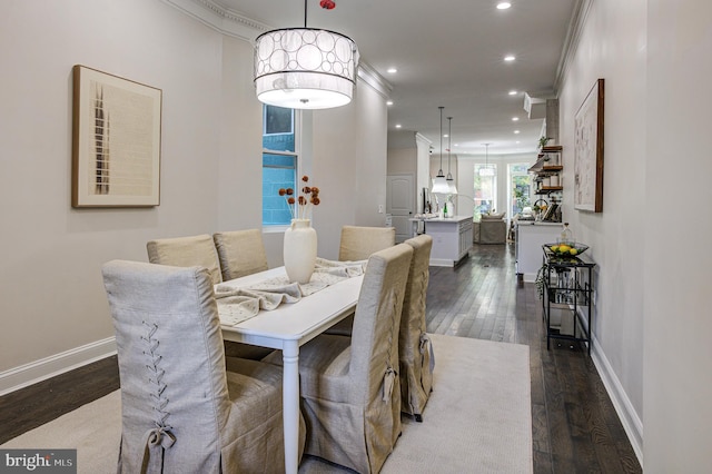 dining space featuring crown molding and dark wood-type flooring