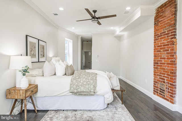 bedroom featuring ornamental molding, dark hardwood / wood-style flooring, and ceiling fan