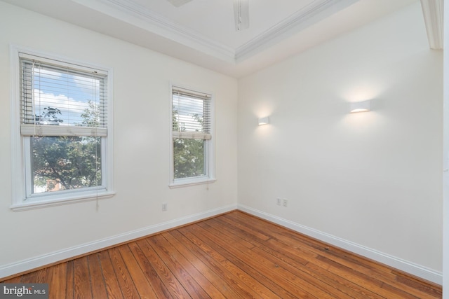 empty room featuring wood-type flooring, a wealth of natural light, crown molding, and ceiling fan