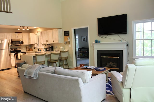 living room featuring light wood-type flooring, sink, and a high ceiling