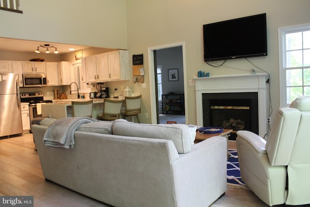 living room with light hardwood / wood-style flooring and sink