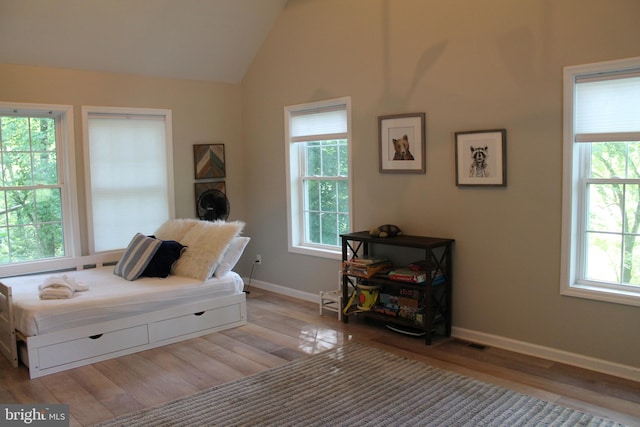 sitting room with vaulted ceiling, light wood-type flooring, and a healthy amount of sunlight