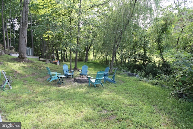 view of yard with an outdoor fire pit and a storage shed