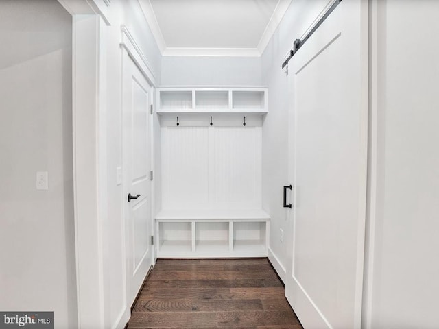 mudroom featuring dark hardwood / wood-style floors, crown molding, and a barn door