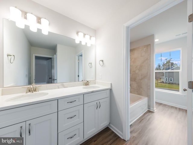 bathroom with hardwood / wood-style flooring and vanity