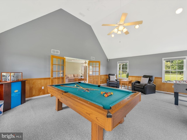 playroom featuring lofted ceiling, french doors, billiards, ceiling fan, and light colored carpet