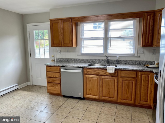 kitchen featuring stainless steel dishwasher, light tile patterned floors, decorative backsplash, and sink