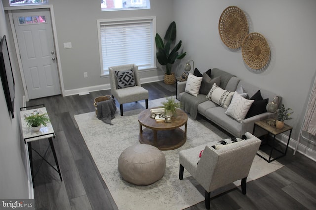 living room with dark hardwood / wood-style flooring