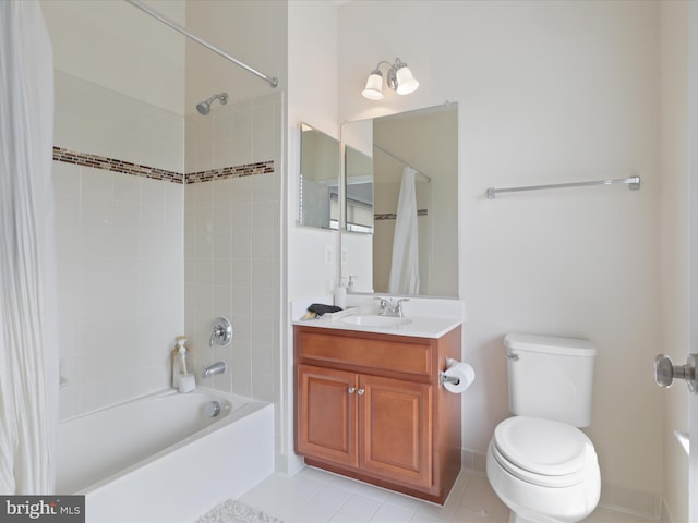 full bathroom featuring shower / bath combination with curtain, vanity, tile patterned floors, and toilet