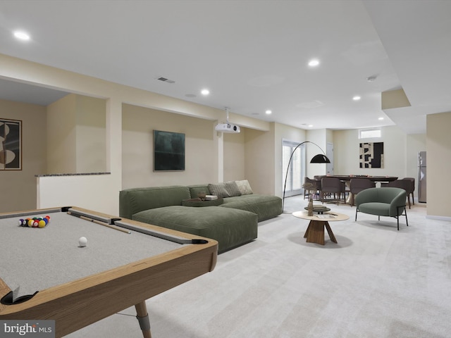 recreation room featuring light carpet and pool table