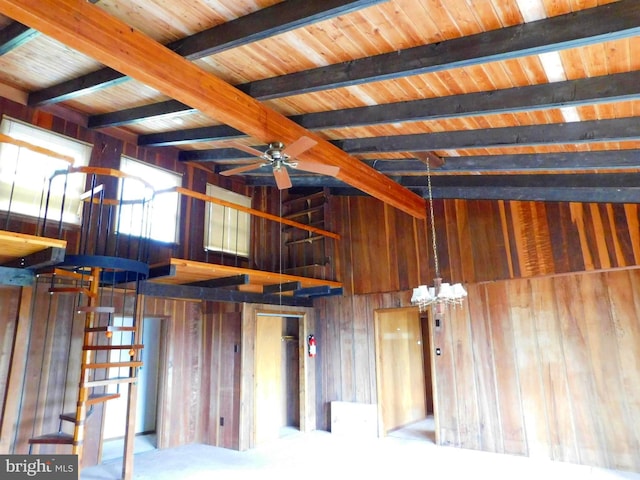 misc room featuring ceiling fan, vaulted ceiling with beams, wooden walls, and wooden ceiling