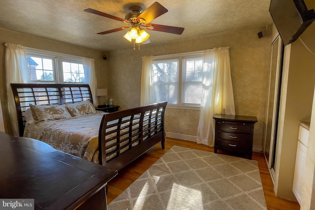 bedroom with multiple windows, hardwood / wood-style flooring, and ceiling fan