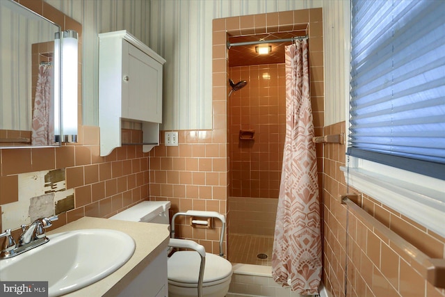 bathroom featuring backsplash, toilet, vanity, tile walls, and a shower with shower curtain