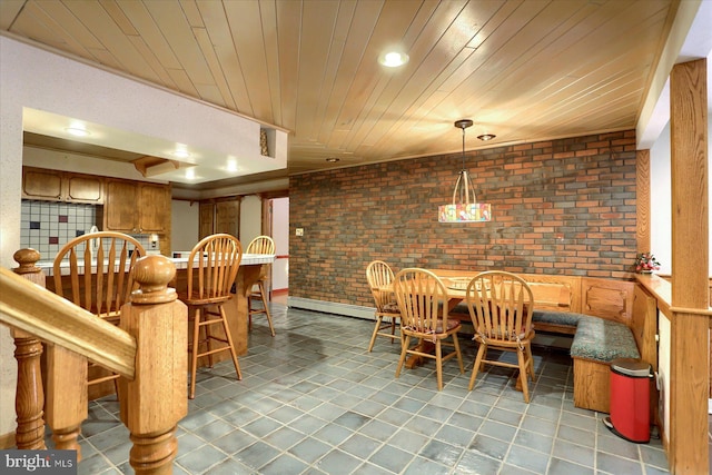 tiled dining room featuring a baseboard heating unit, brick wall, and wooden ceiling