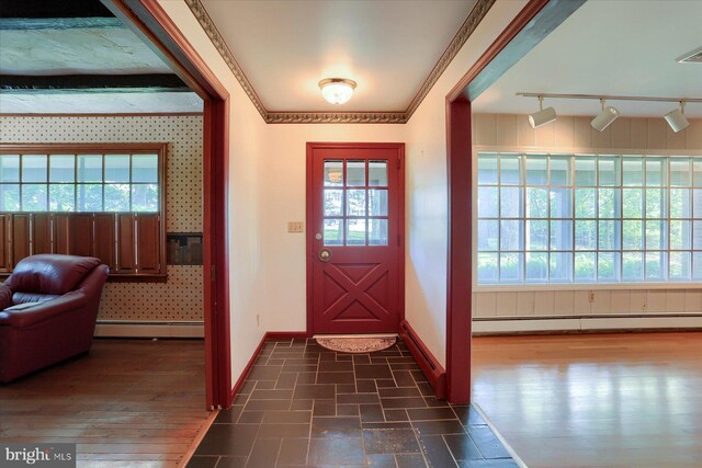 entrance foyer with dark hardwood / wood-style flooring, baseboard heating, and a wealth of natural light