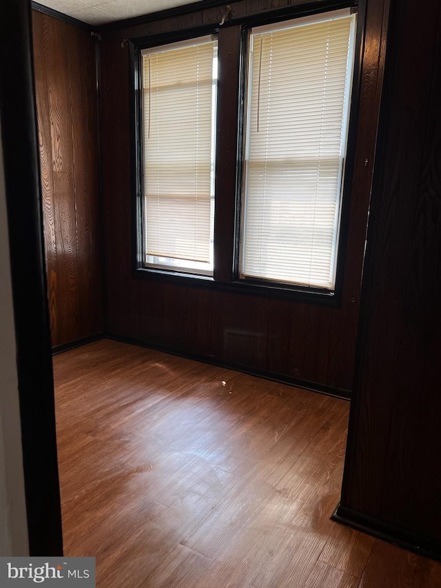 unfurnished room with wood walls, wood-type flooring, and a wealth of natural light