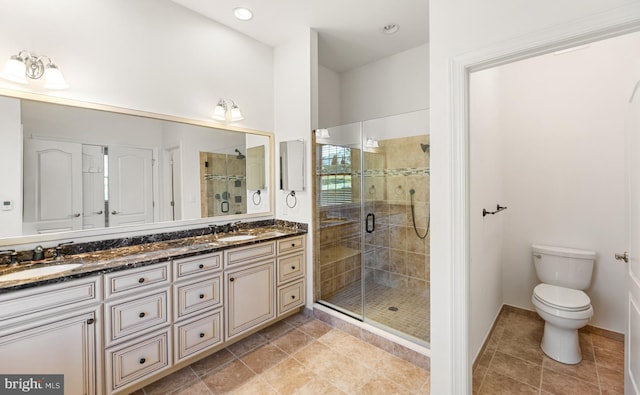 bathroom with vanity, an enclosed shower, and toilet