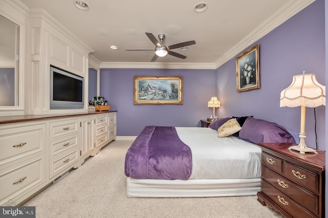 bedroom with light colored carpet, ornamental molding, and ceiling fan