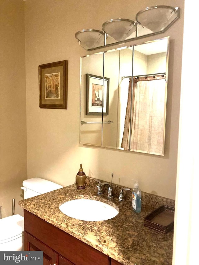 bathroom featuring vanity, curtained shower, and toilet