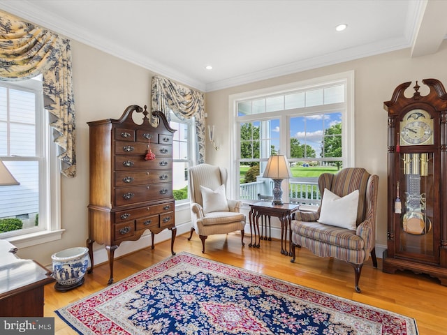 living area featuring crown molding, wood-type flooring, and plenty of natural light