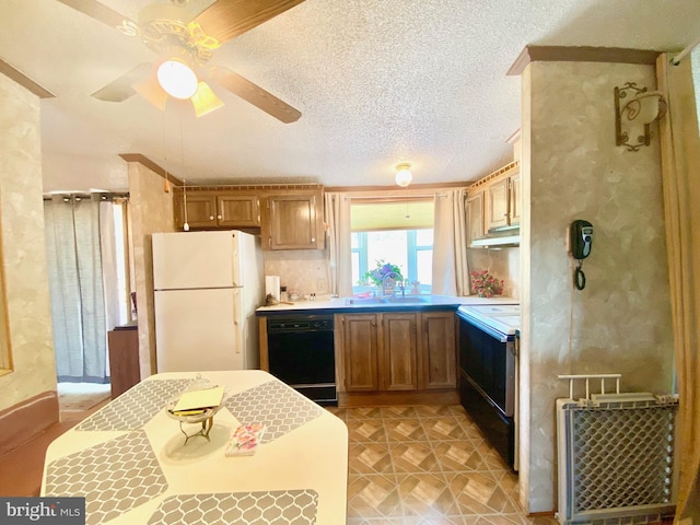 kitchen with sink, a textured ceiling, dishwasher, white fridge, and electric stove