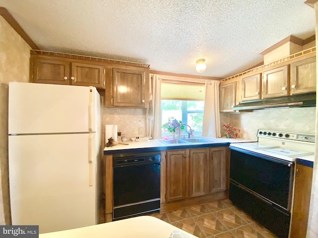 kitchen featuring range with electric stovetop, dishwasher, sink, backsplash, and white refrigerator