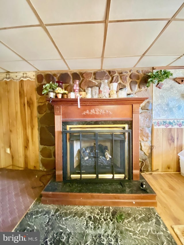 details with a paneled ceiling, hardwood / wood-style floors, and a fireplace