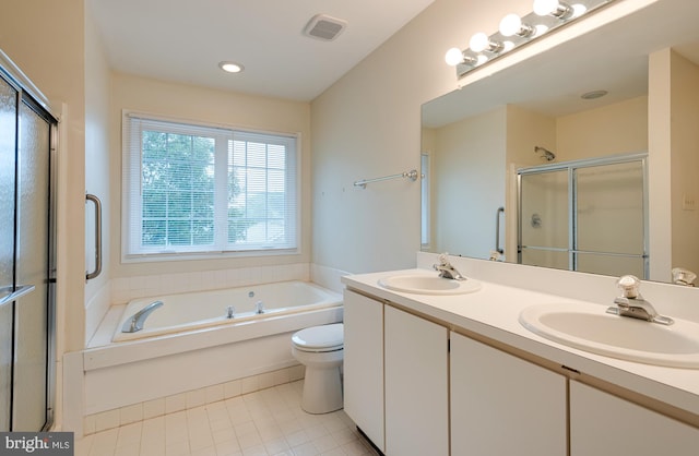 full bathroom with tile patterned floors, plus walk in shower, toilet, and dual bowl vanity