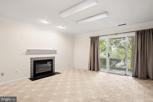 unfurnished living room featuring light carpet and ornamental molding