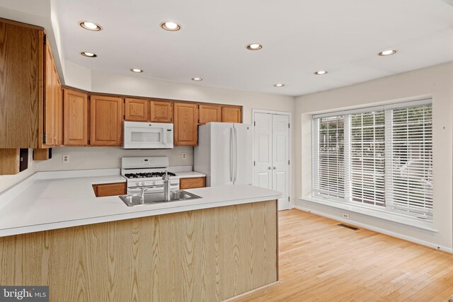 kitchen featuring sink, light wood-type flooring, kitchen peninsula, and white appliances