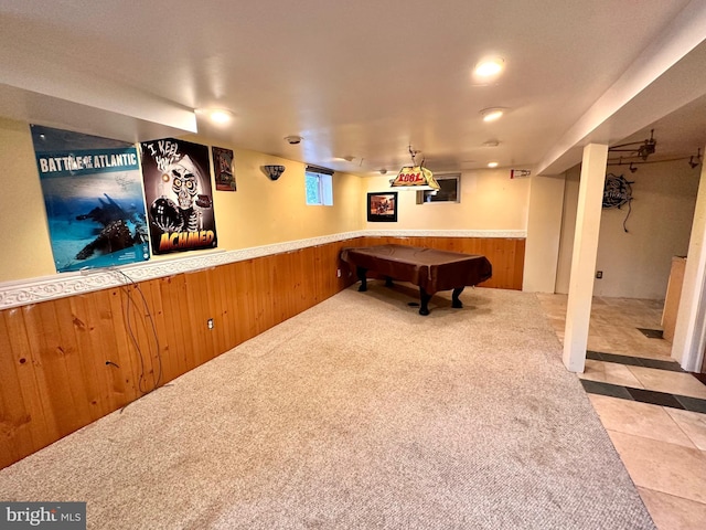 playroom featuring billiards, wooden walls, and light carpet