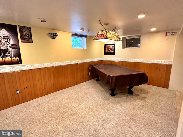 playroom with pool table, wooden walls, and carpet