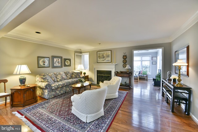 living room with dark hardwood / wood-style floors and crown molding