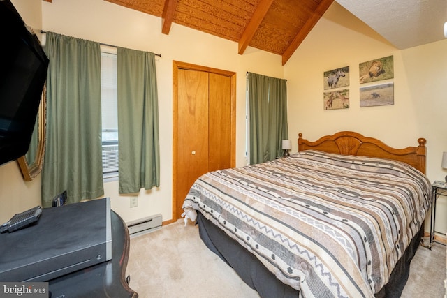 carpeted bedroom with a closet, lofted ceiling with beams, a baseboard radiator, and wooden ceiling