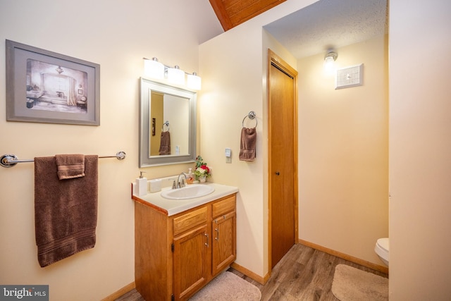 bathroom with vanity, wood-type flooring, and toilet