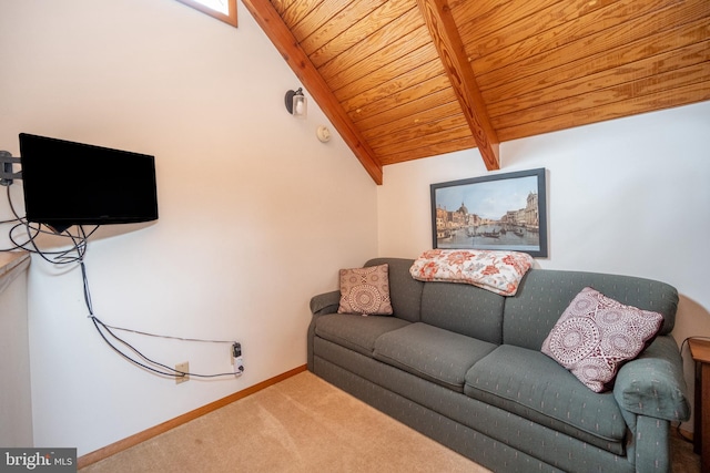 living room featuring vaulted ceiling with beams, carpet floors, and wooden ceiling