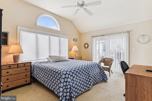 bedroom with access to outside, vaulted ceiling, a ceiling fan, and light colored carpet