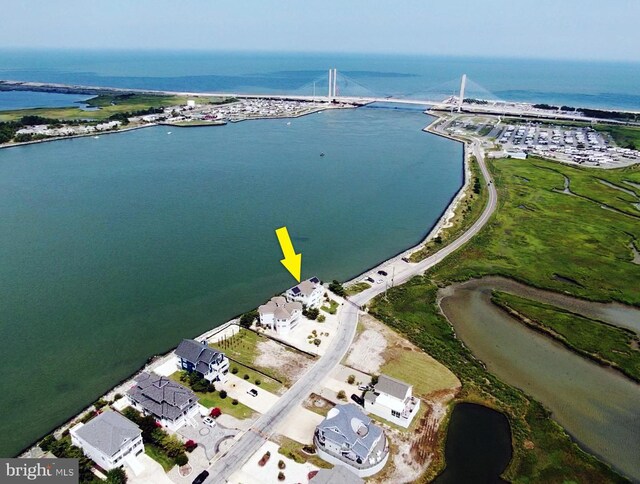 drone / aerial view featuring a water view