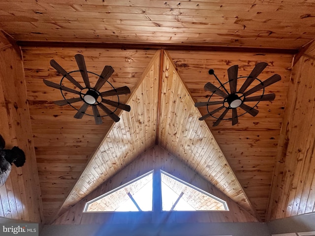 room details featuring wood ceiling and wood walls