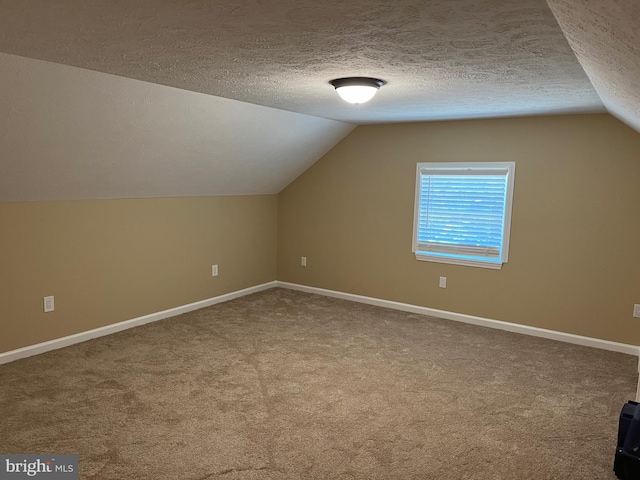 additional living space with a textured ceiling, carpet, and vaulted ceiling