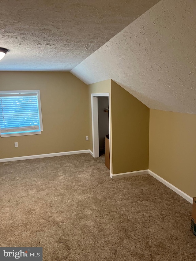 bonus room featuring lofted ceiling, a textured ceiling, and carpet flooring