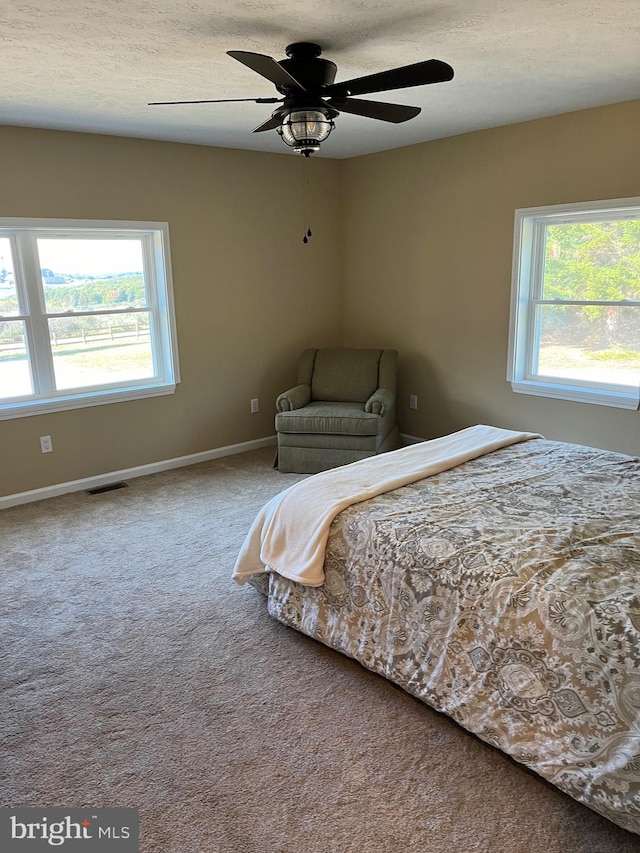 unfurnished bedroom featuring ceiling fan, multiple windows, and carpet floors