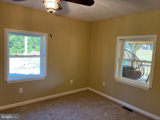 carpeted empty room featuring ceiling fan and a textured ceiling