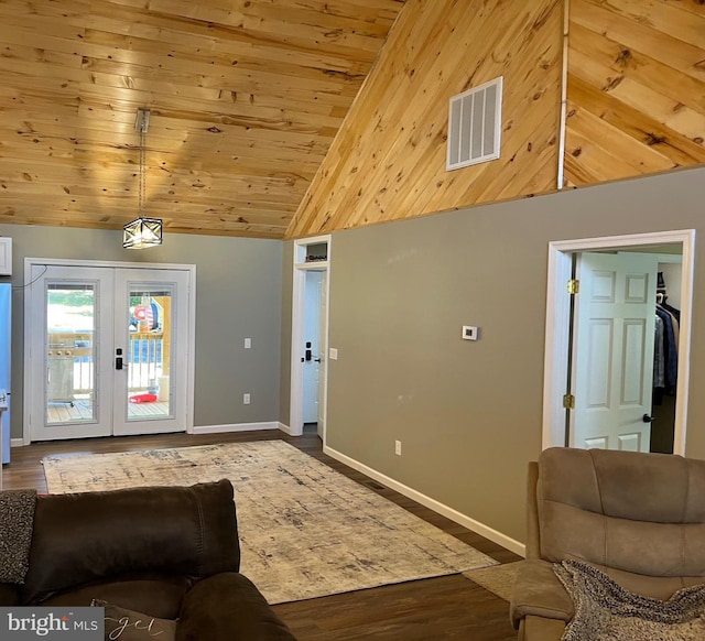 living room featuring wooden ceiling, hardwood / wood-style floors, french doors, and high vaulted ceiling