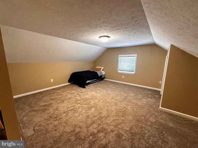 additional living space with carpet, lofted ceiling, and a textured ceiling