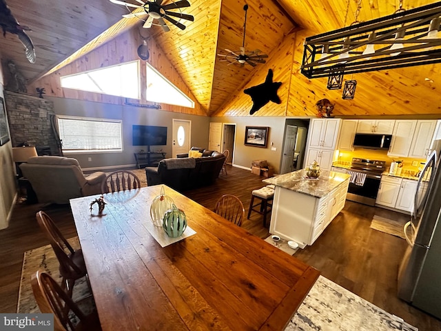 dining room featuring wood ceiling, dark hardwood / wood-style floors, ceiling fan, and high vaulted ceiling